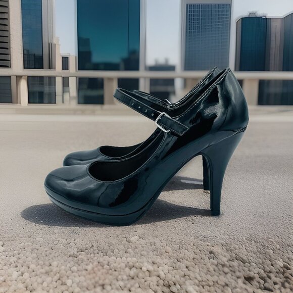 City Classified Heels Womens Size 7.5M Black Mary Jane Career Office Patent Shoe - Picture 2 of 11